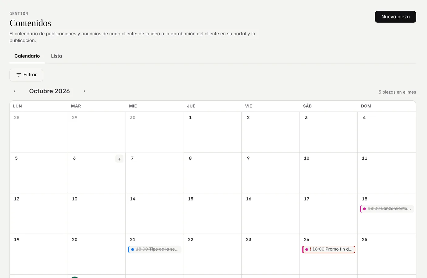 Calendario mensual de contenidos con piezas programadas